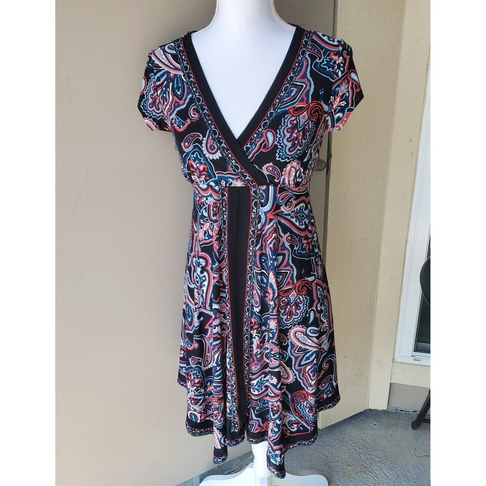 INC International Concepts Petite Dress Women SP Red Blue Paisley Faux Wrap Boho